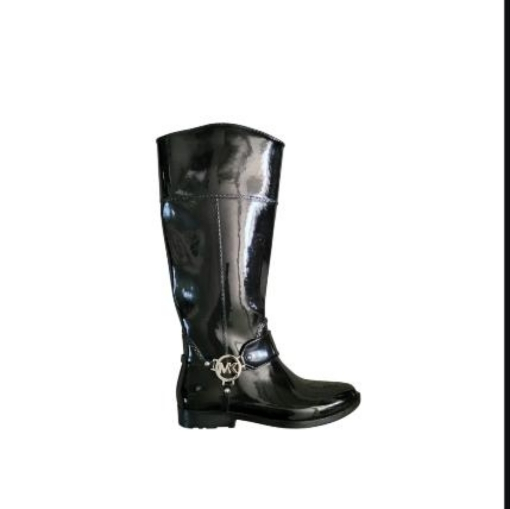 Michael Kors Fulton Tall Riding Harness Boot Black Gloss MK Logo Rain Women 8